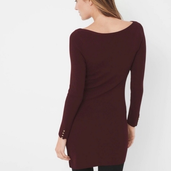 White House Black Market Burgundy Knit Asymmetrical Gold Button Sweater Dress - Picture 2 of 5